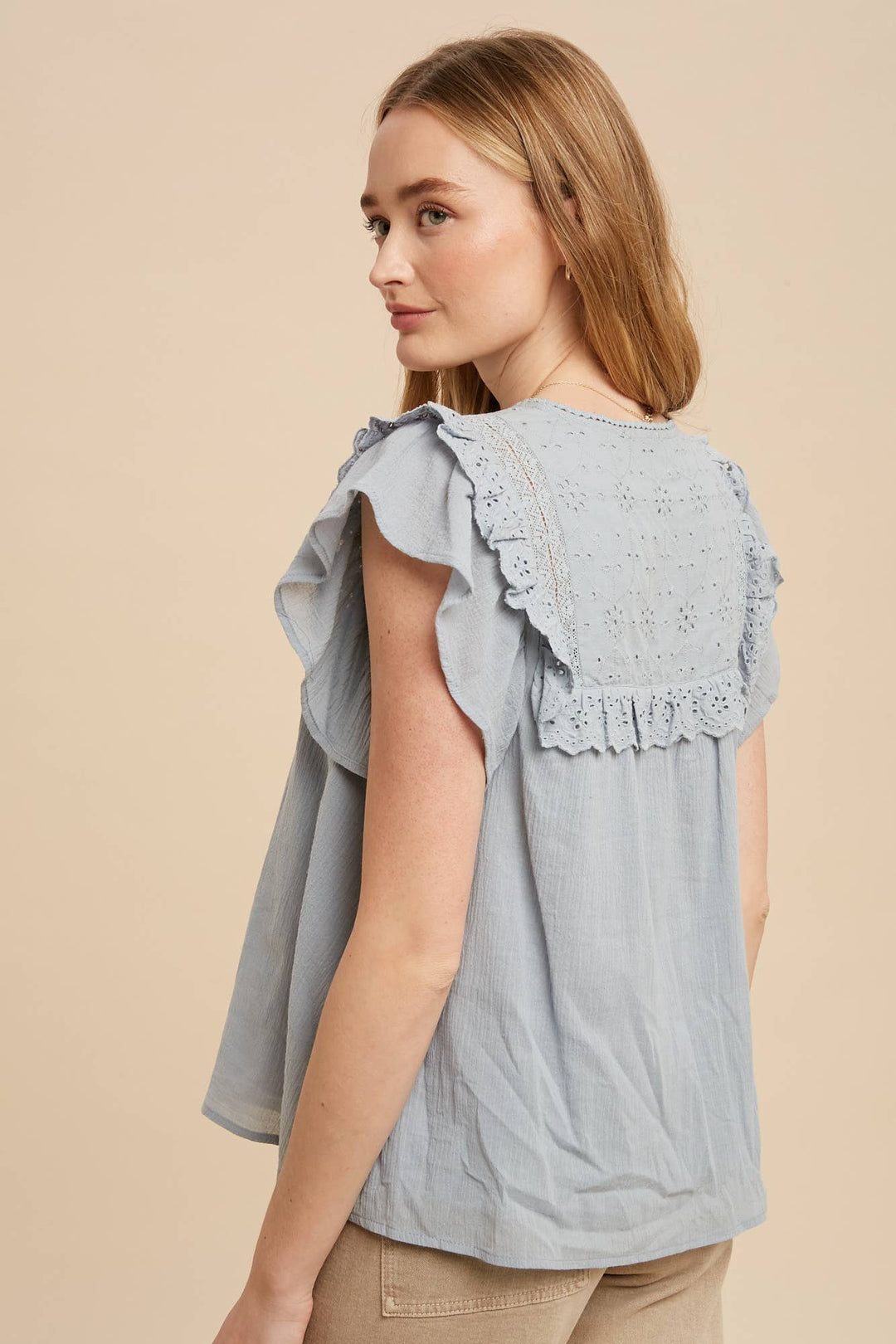 Eyelet Flutter Sleeve Tie Front Blouse
