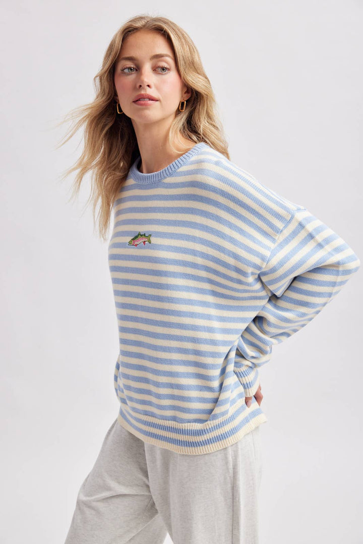 Striped Fish Coastal Graphic Sweater