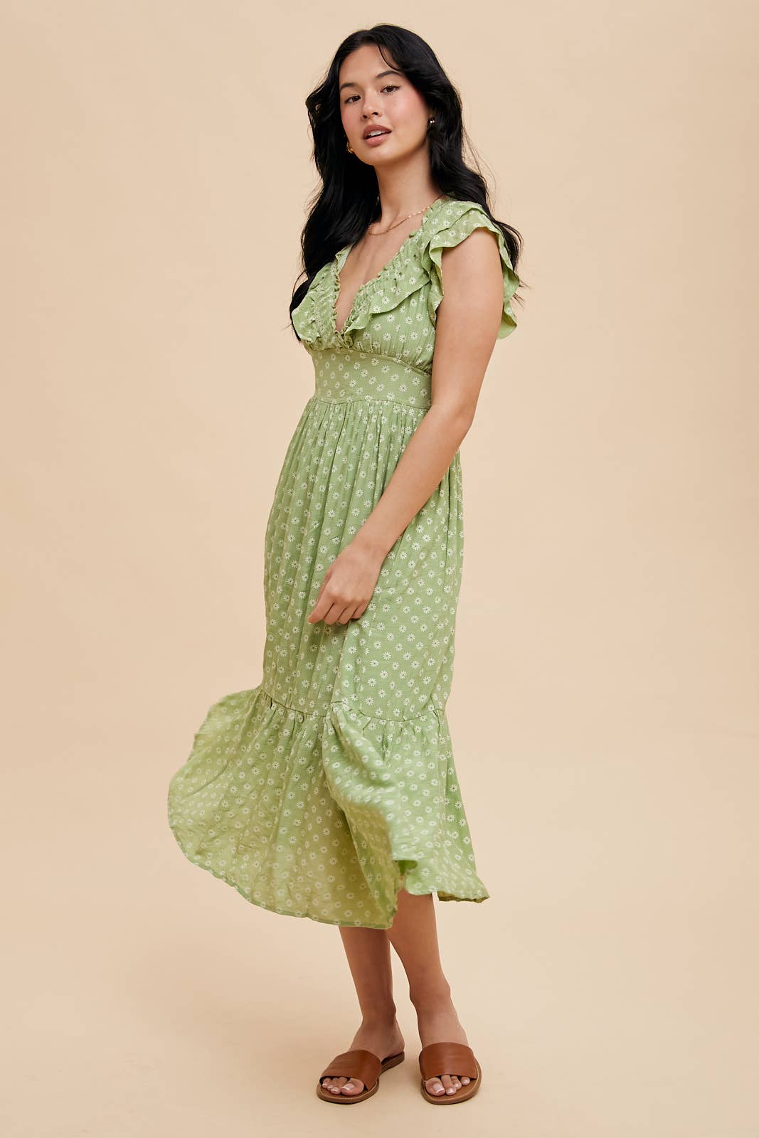 Ruffle V-Neck Midi Dress in Green Tea