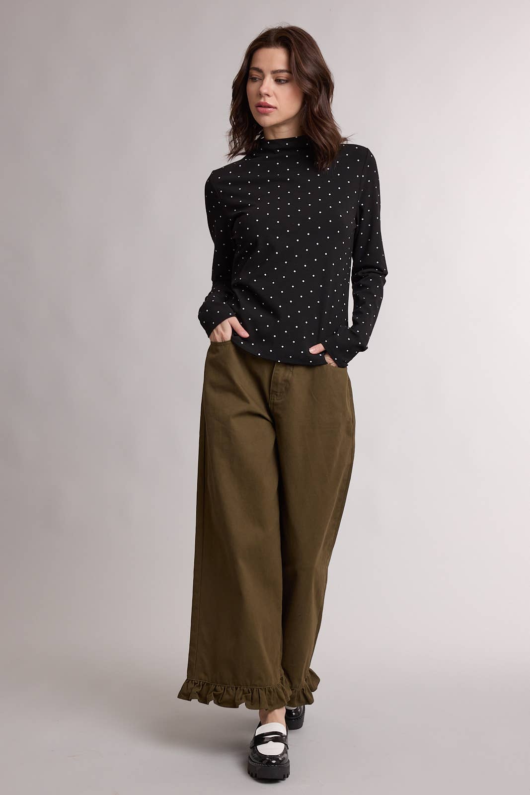 Long Sleeve Polka Dot Mock Neck Top