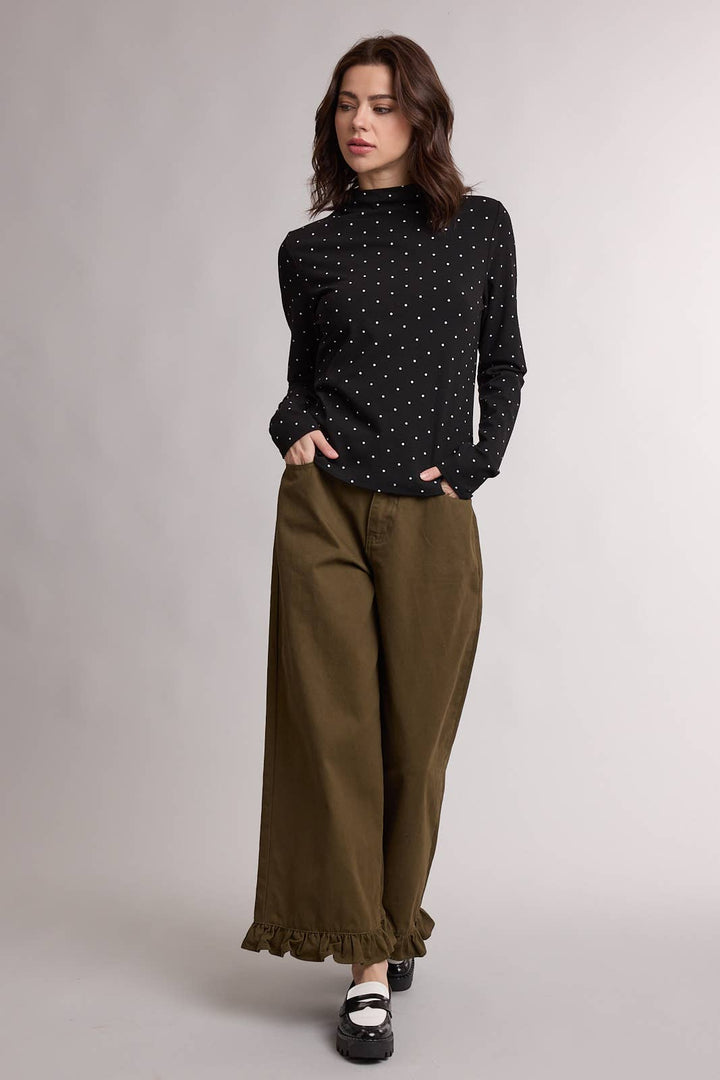 Long Sleeve Polka Dot Mock Neck Top