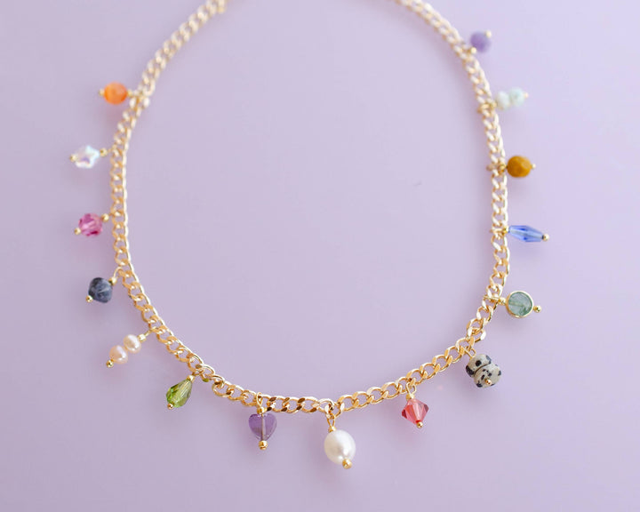 Multicharm Beaded Necklace on Curb Chain
