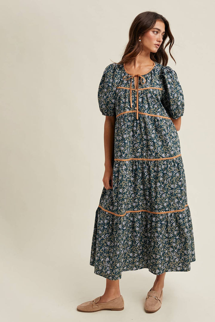 Teal Floral Piping Midi Dress