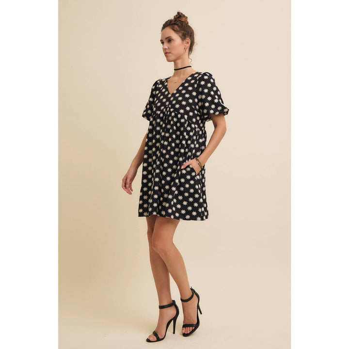 Embroidered Mini Dress with Puff Sleeves and Pockets