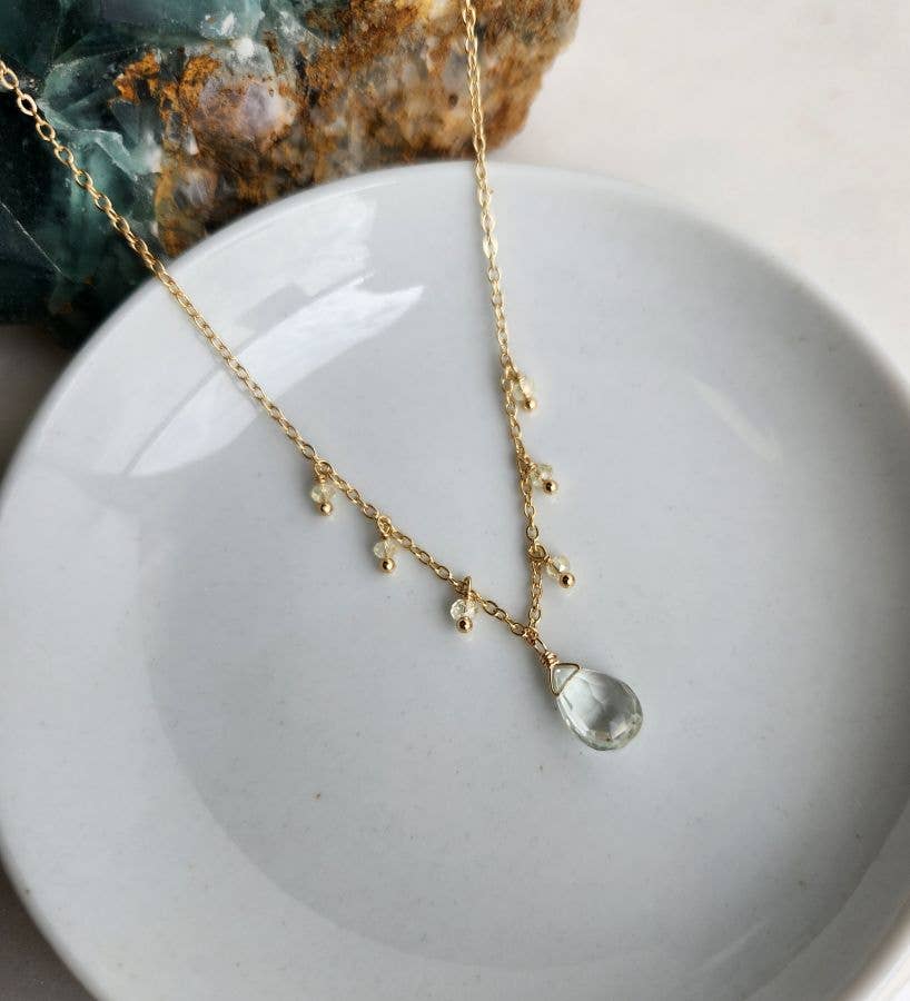 Green Amethyst and Yellow Crystal Gold Fringe Necklace