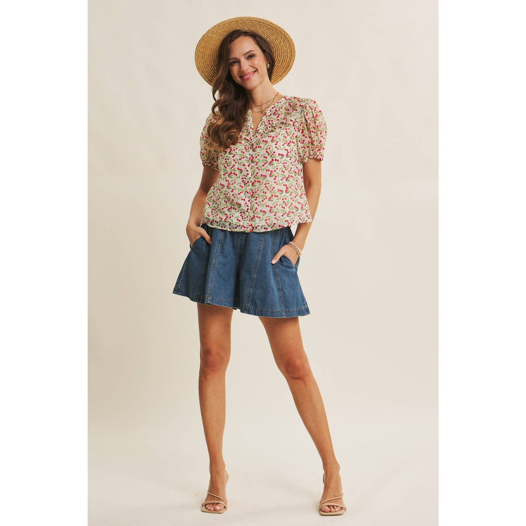Cherry Puff Sleeve Button Down Blouse