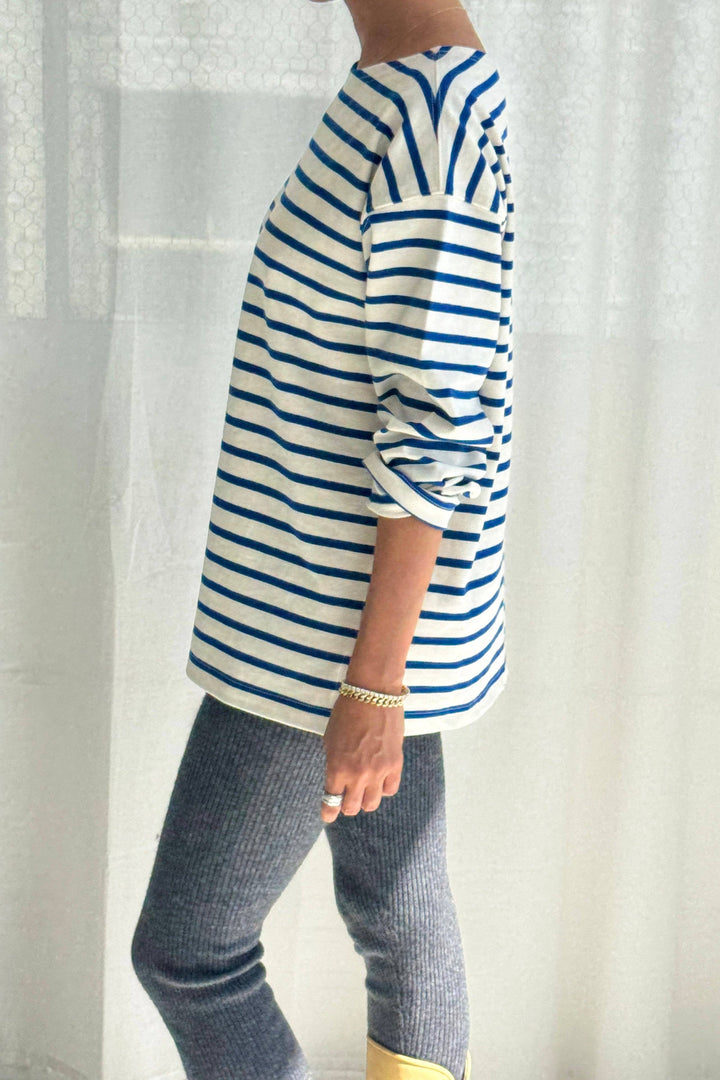 Marseille Top, Blue Stripe On Cream