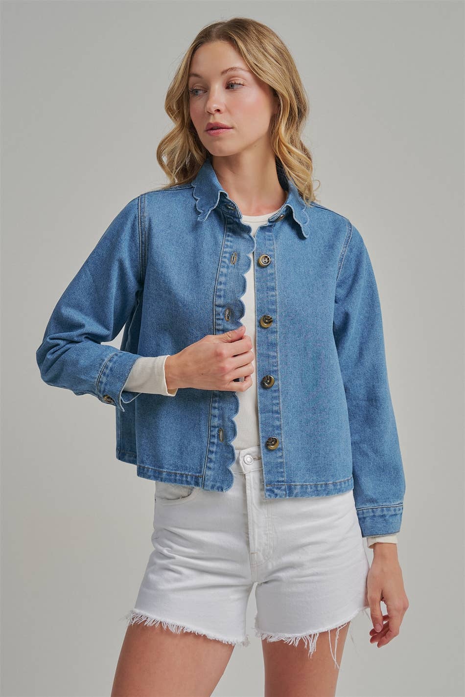 Denim Jacket With Scallop Embroidery Collar