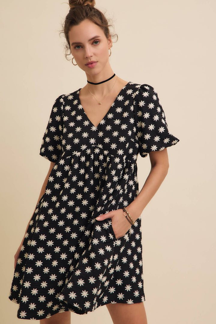 Embroidered Mini Dress with Puff Sleeves and Pockets