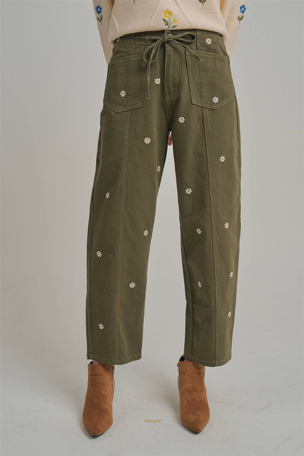 Floral Embroidered Slight Barrel Shaped Relaxed Pants