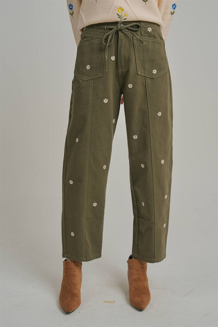 Floral Embroidered Slight Barrel Shaped Relaxed Pants