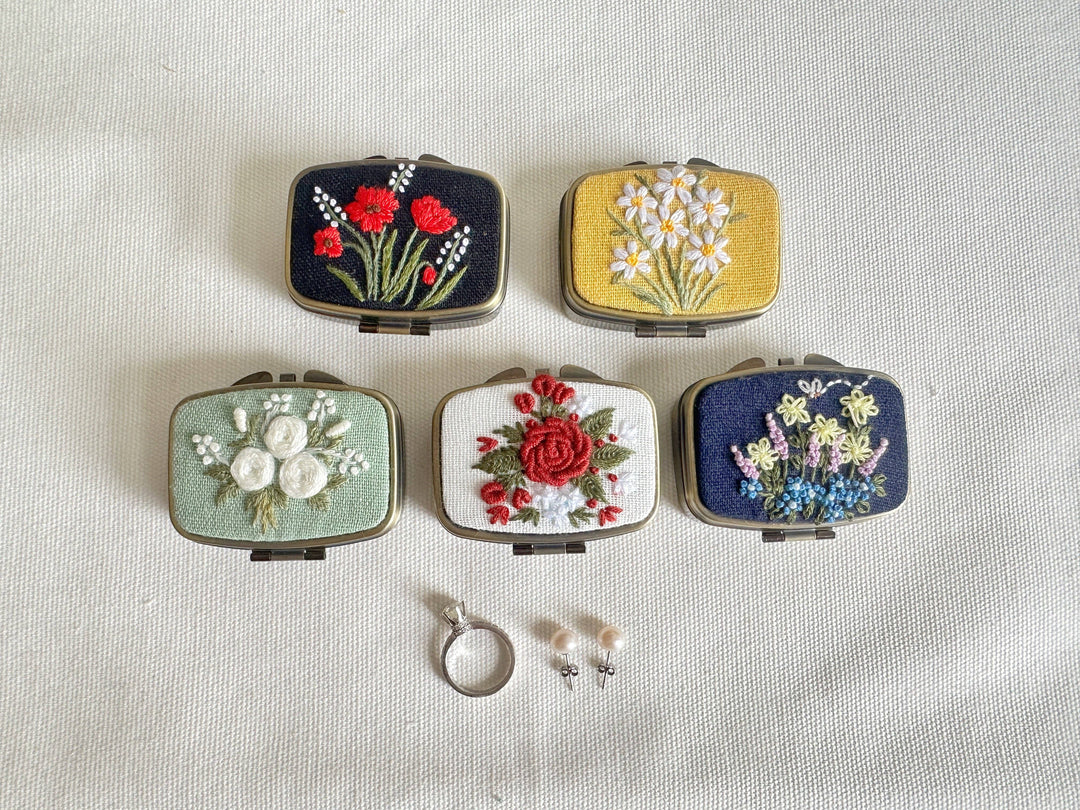 Floral Embroidered Rectangle Mini Jewelry Box With Mirror, 5 Styles