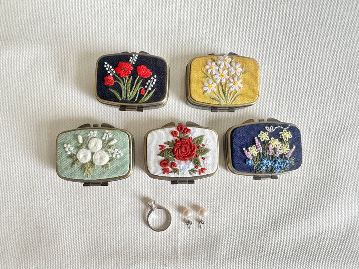 Floral Embroidered Rectangle Mini Jewelry Box With Mirror, 5 Styles