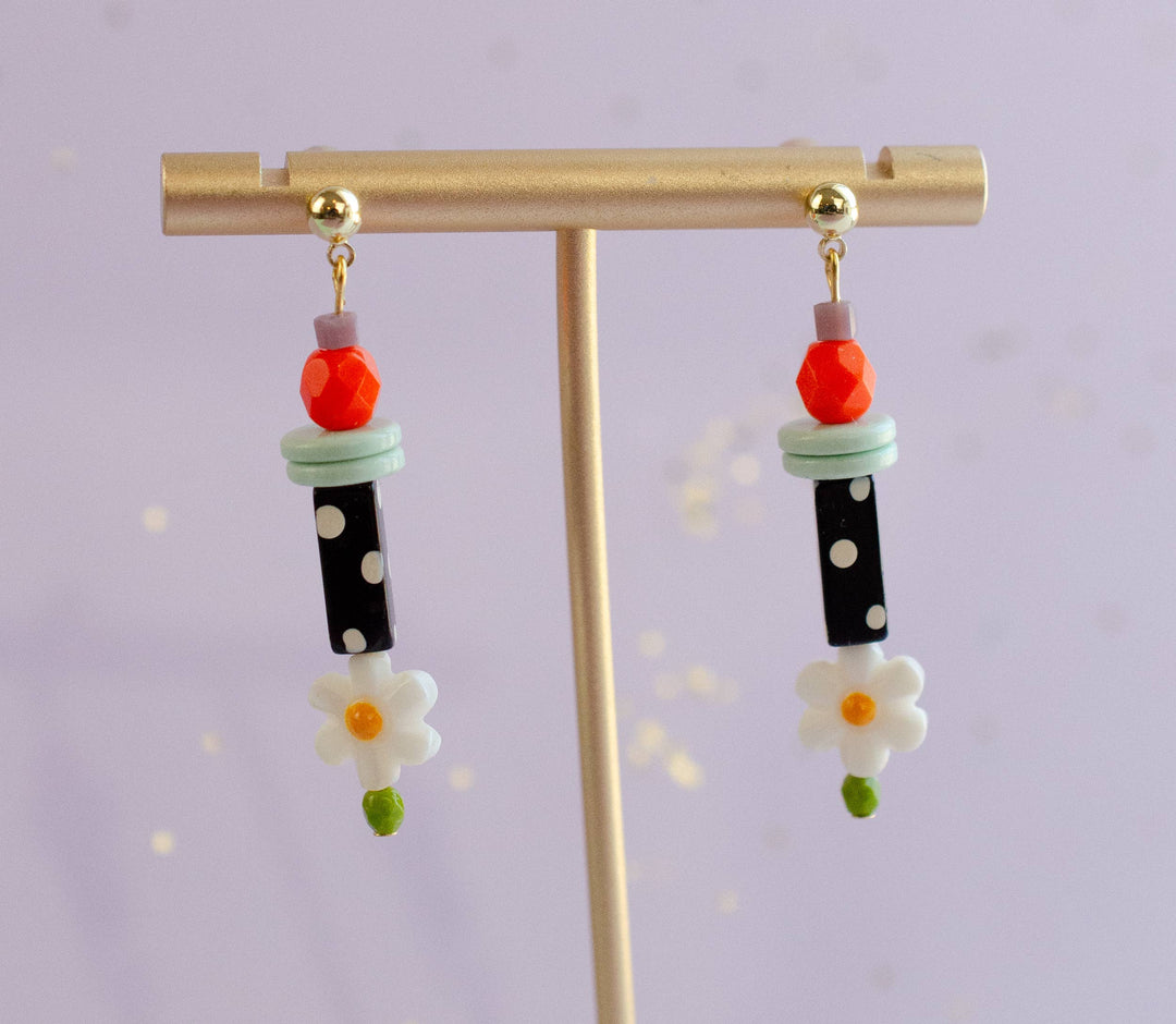 Petal Earrings, Black &amp; White Polka Dots