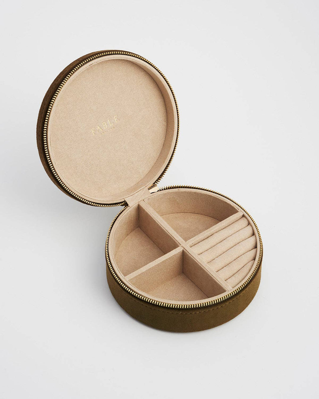Hedgehog Embroidered Round Jewelry Box in Khaki Suedette