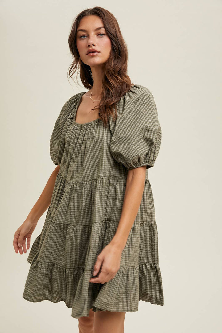 Olive Gingham Puff Sleeve Mini Dress
