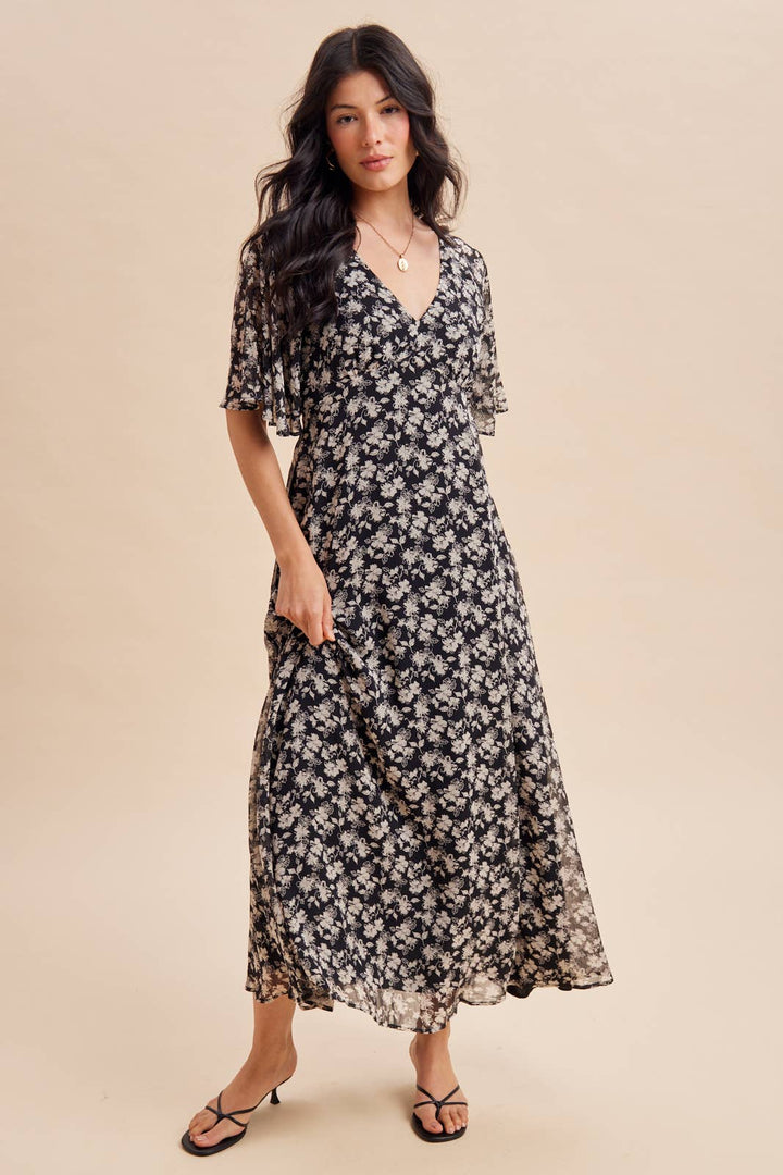 Flutter Sleeve Floral Maxi Dress in Black