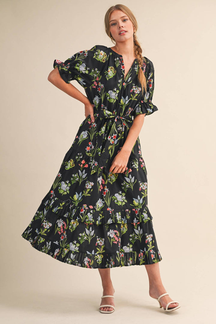Floral Print Belted Midi Dress in Black