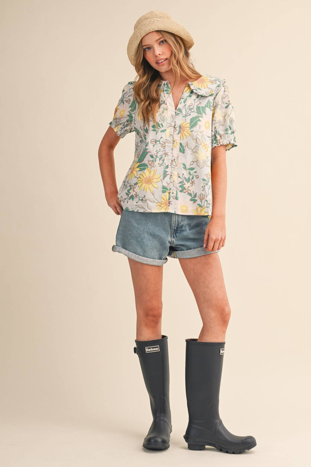 Floral Print Doll Collar Button Down in Mint Floral