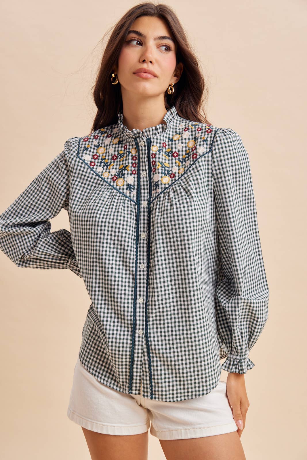 Embroidered Button Down in Dark Forest Green