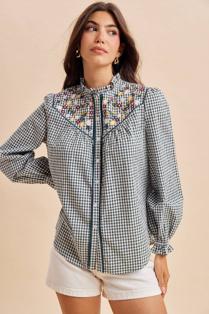 Embroidered Button Down in Dark Forest Green