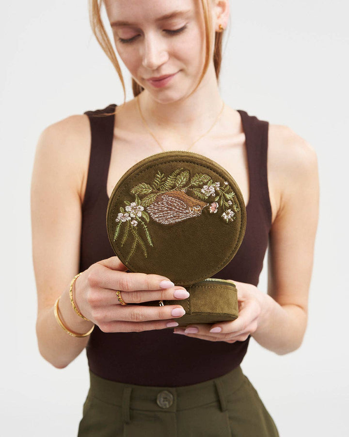 Hedgehog Embroidered Round Jewelry Box in Khaki Suedette