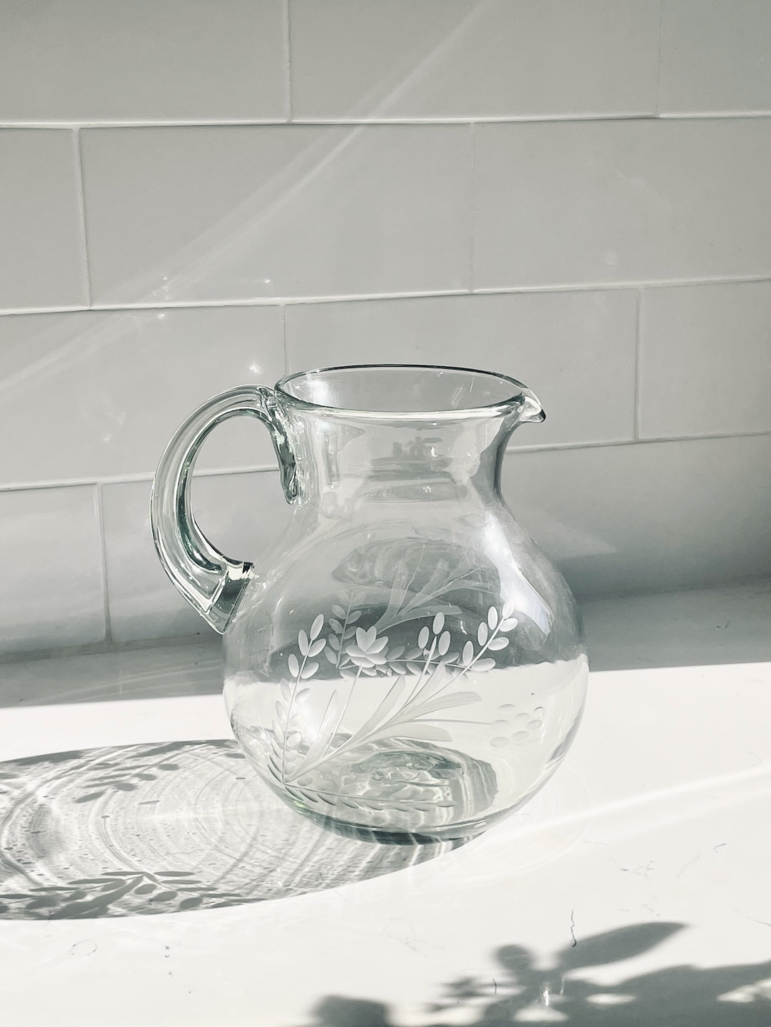 Hand-Etched Blown Large Pitcher