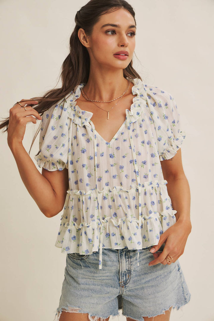 Textured Floral Ruffle Blouse
