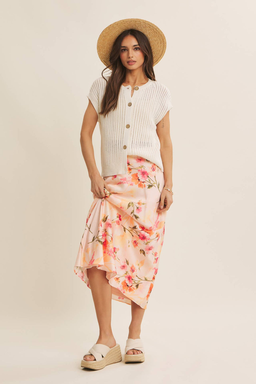 Floral Satin Bias Midi Skirt