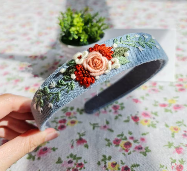 Mauve Roses Embroidered Headband