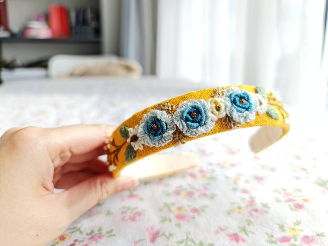 Blue Roses Embroidered Headband