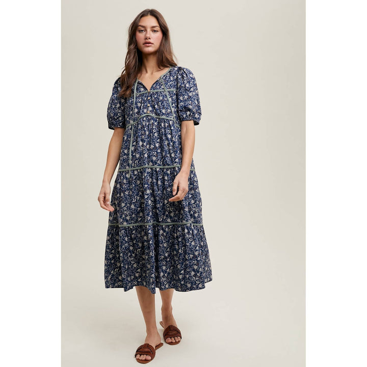 Navy Floral Piping Midi Dress