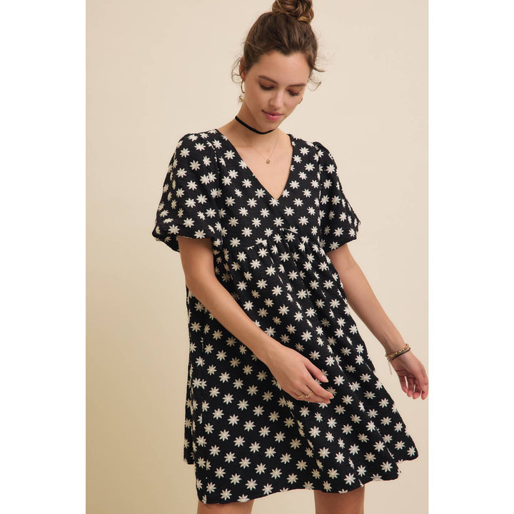 Embroidered Mini Dress with Puff Sleeves and Pockets