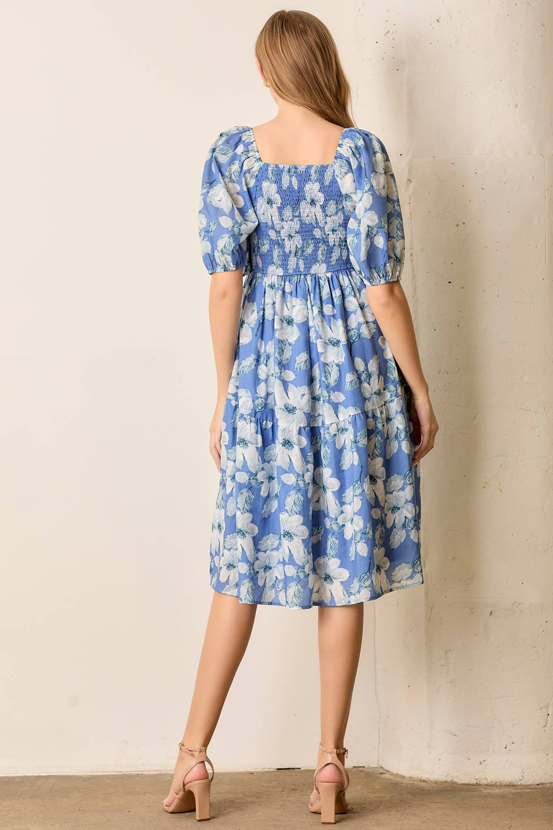 Blue Floral Square Neck Midi Dress