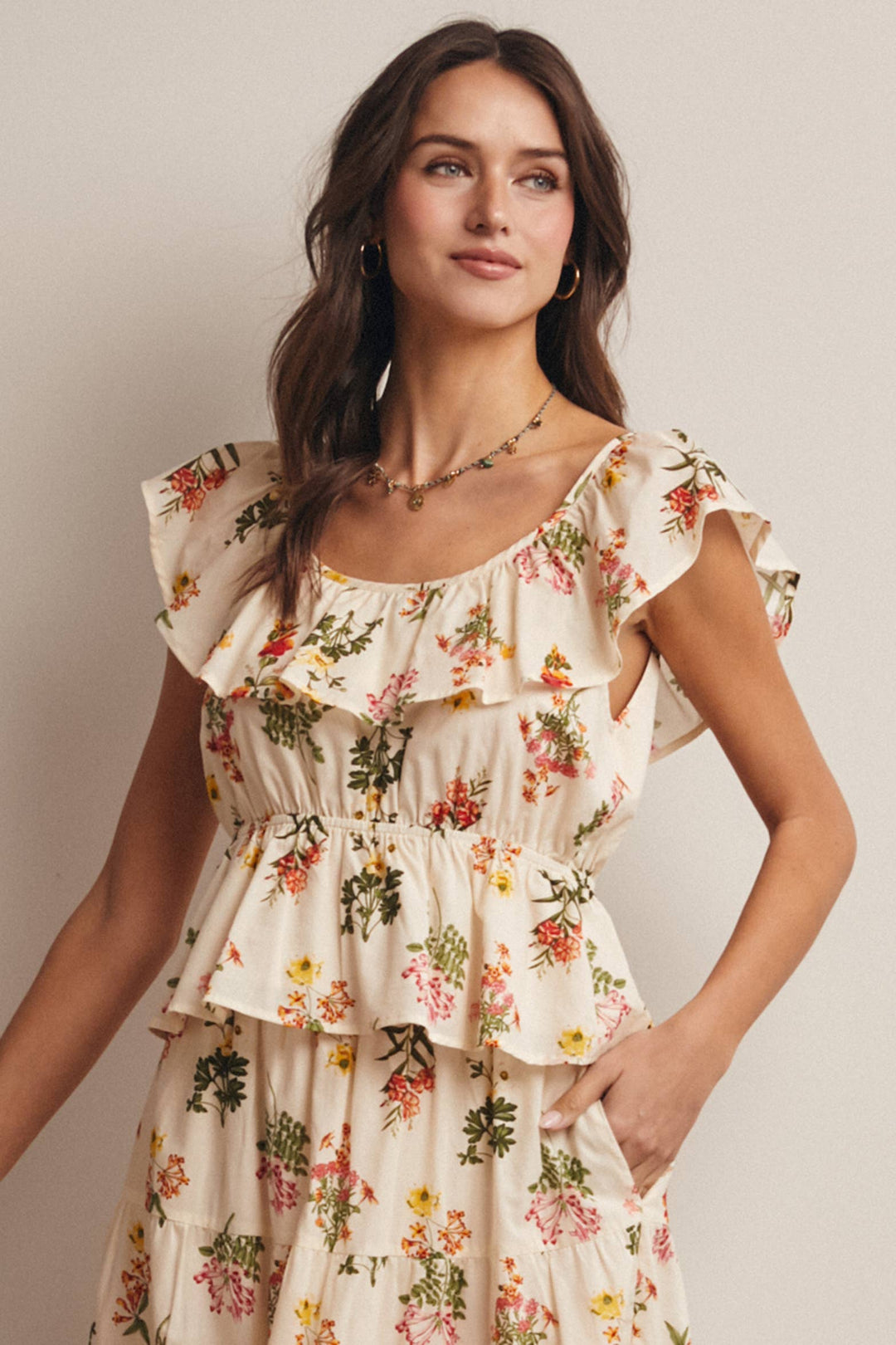 Floral Ruffle Neck Cotton Blouse