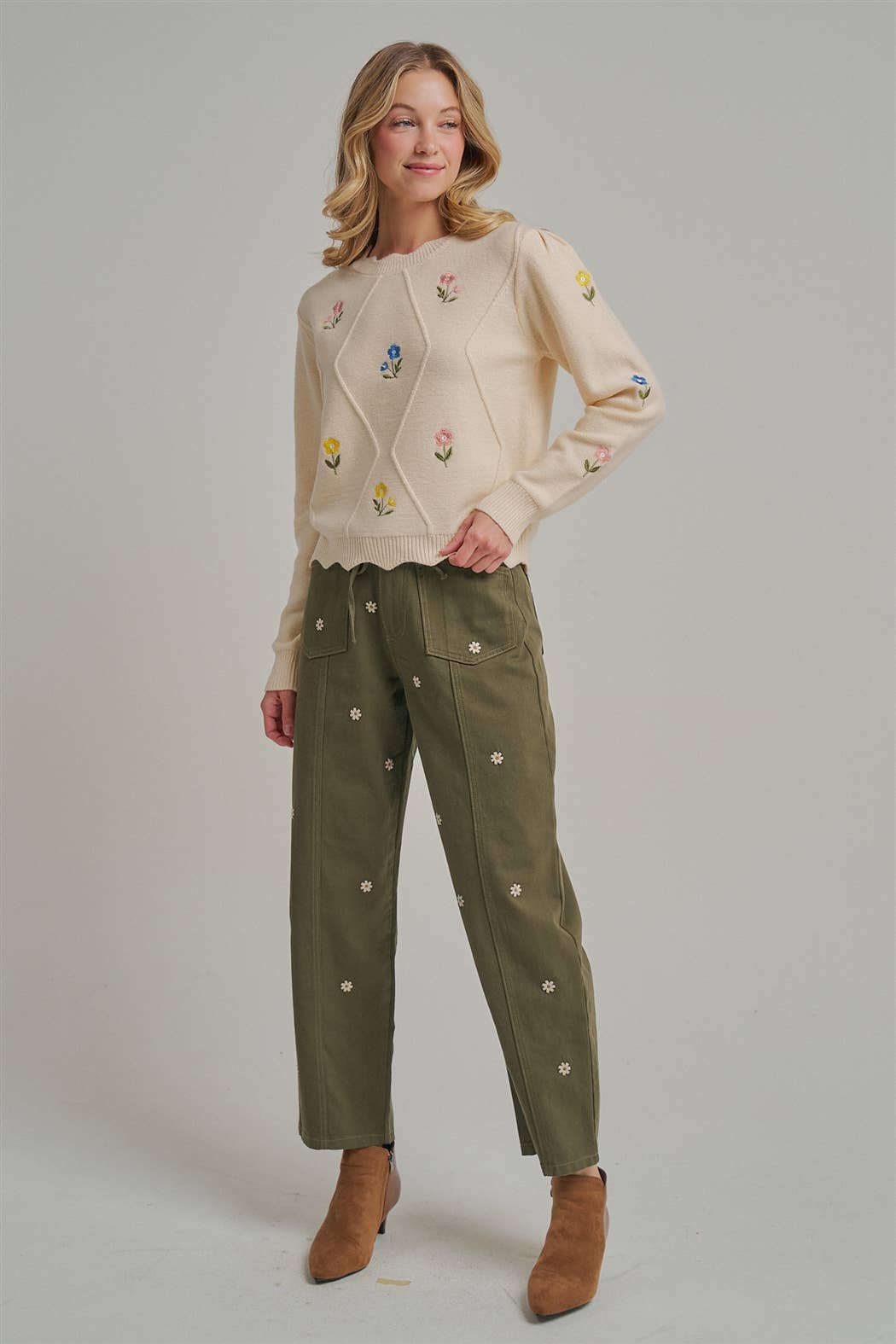 Floral Embroidered Slight Barrel Shaped Relaxed Pants