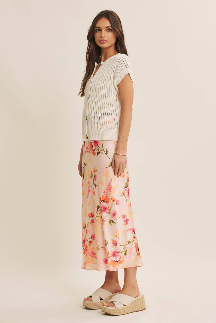 Floral Satin Bias Midi Skirt
