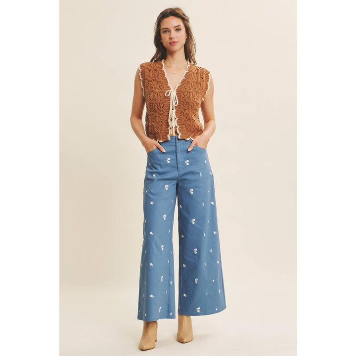 Embroidery Wide Leg Pants in Steel Blue