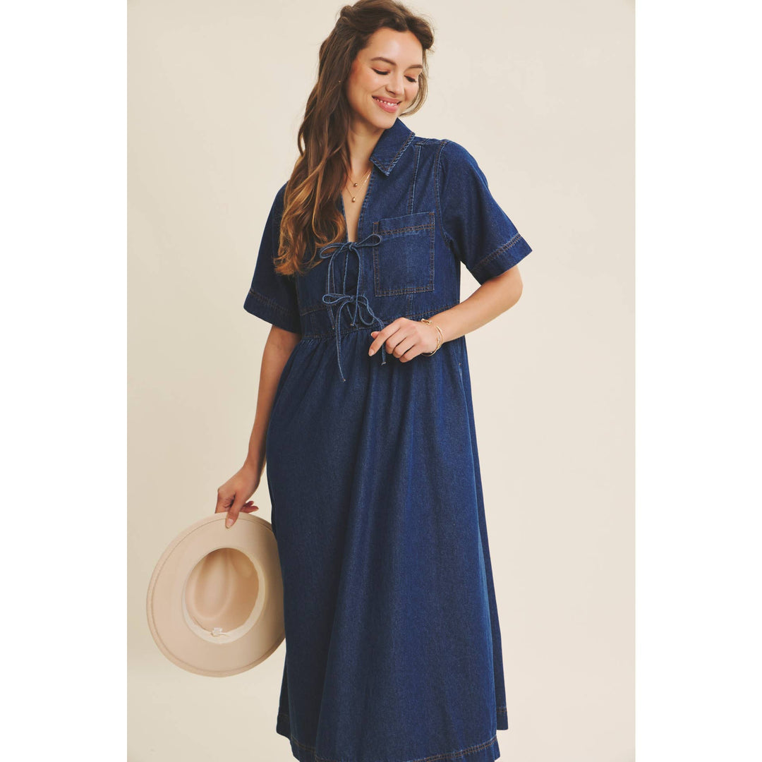Dark Denim Washed Babydoll Midi Dress with Bow