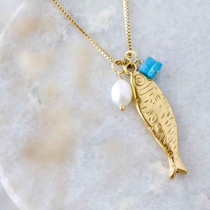 Fish Pearl and Turquoise Necklace - Waterproof