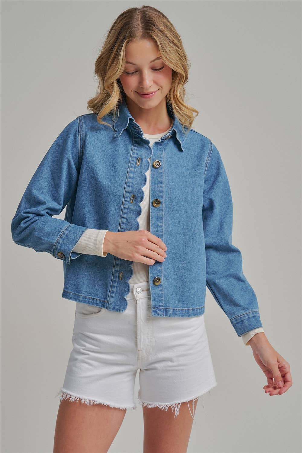 Denim Jacket With Scallop Embroidery Collar