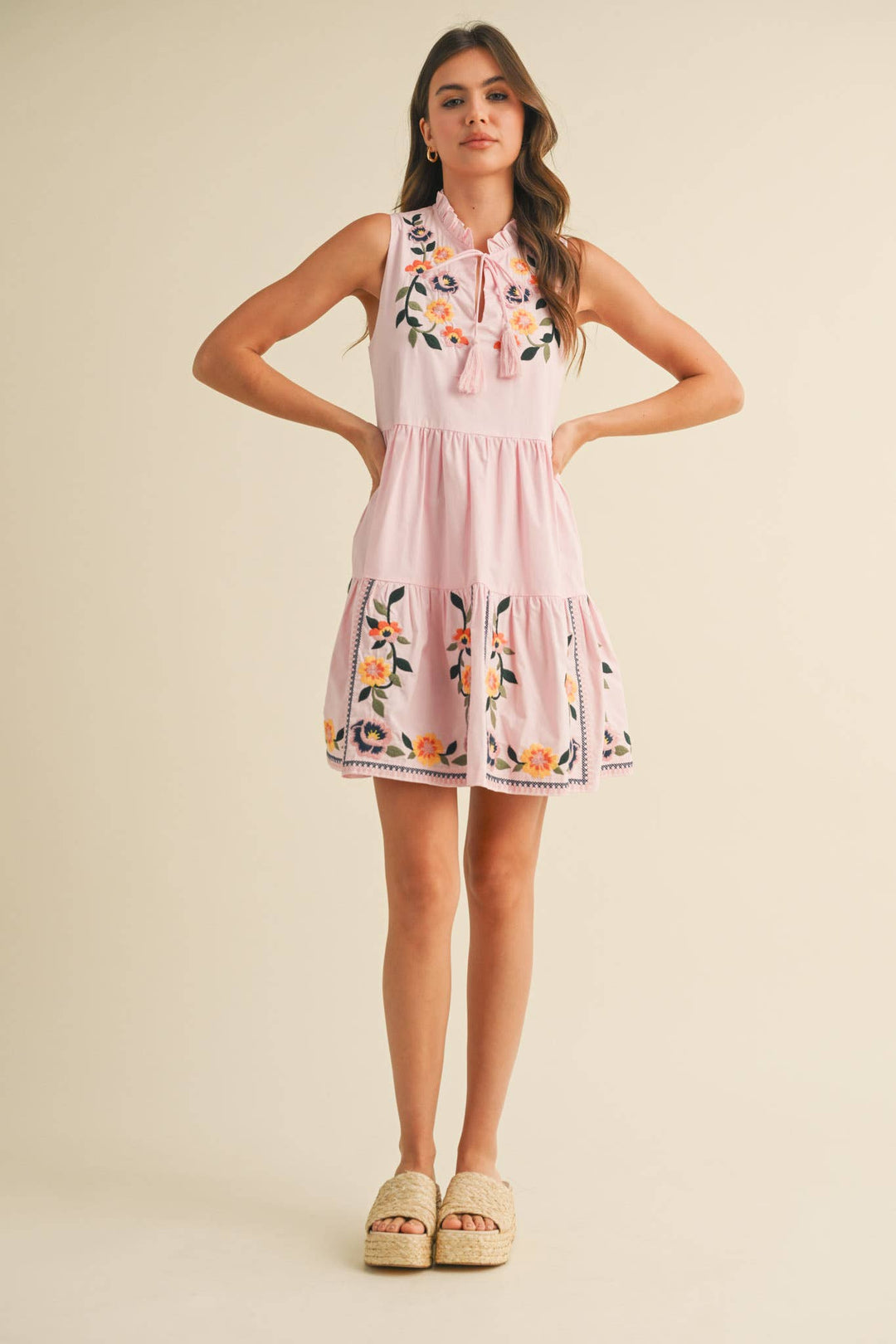 Pink Embroidered Mini Dress