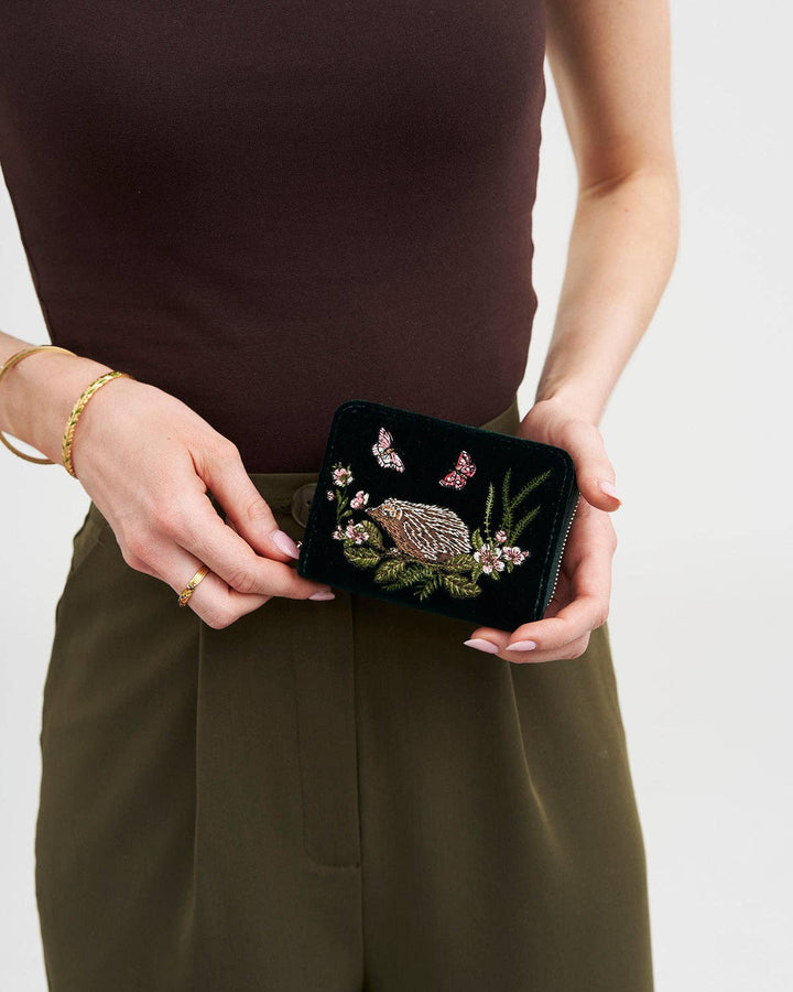 Hedgehog Embroidered Small Wallet in Forest Green Velvet