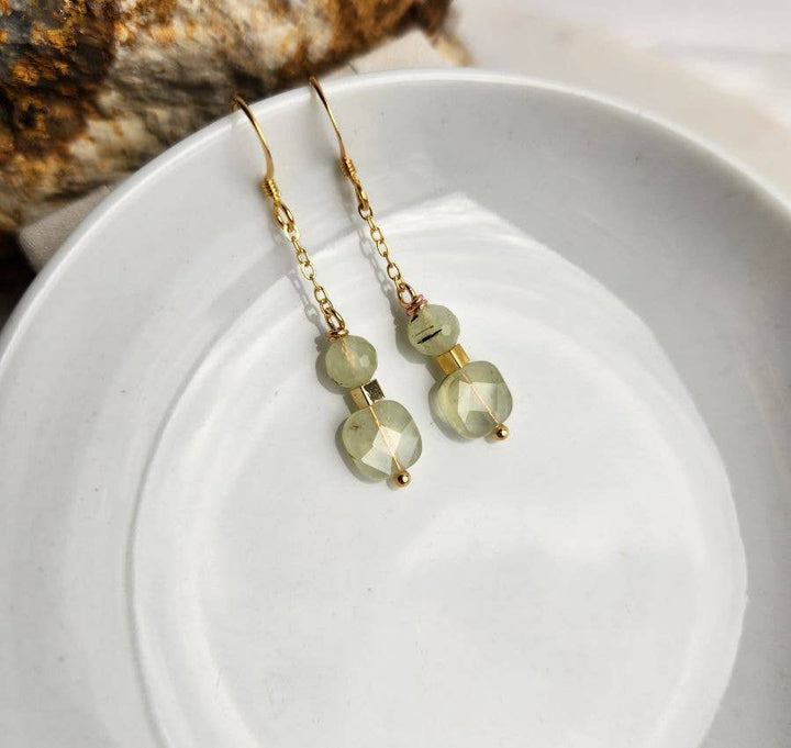 Prehnite Square and Round Beaded Gold Chain Earrings