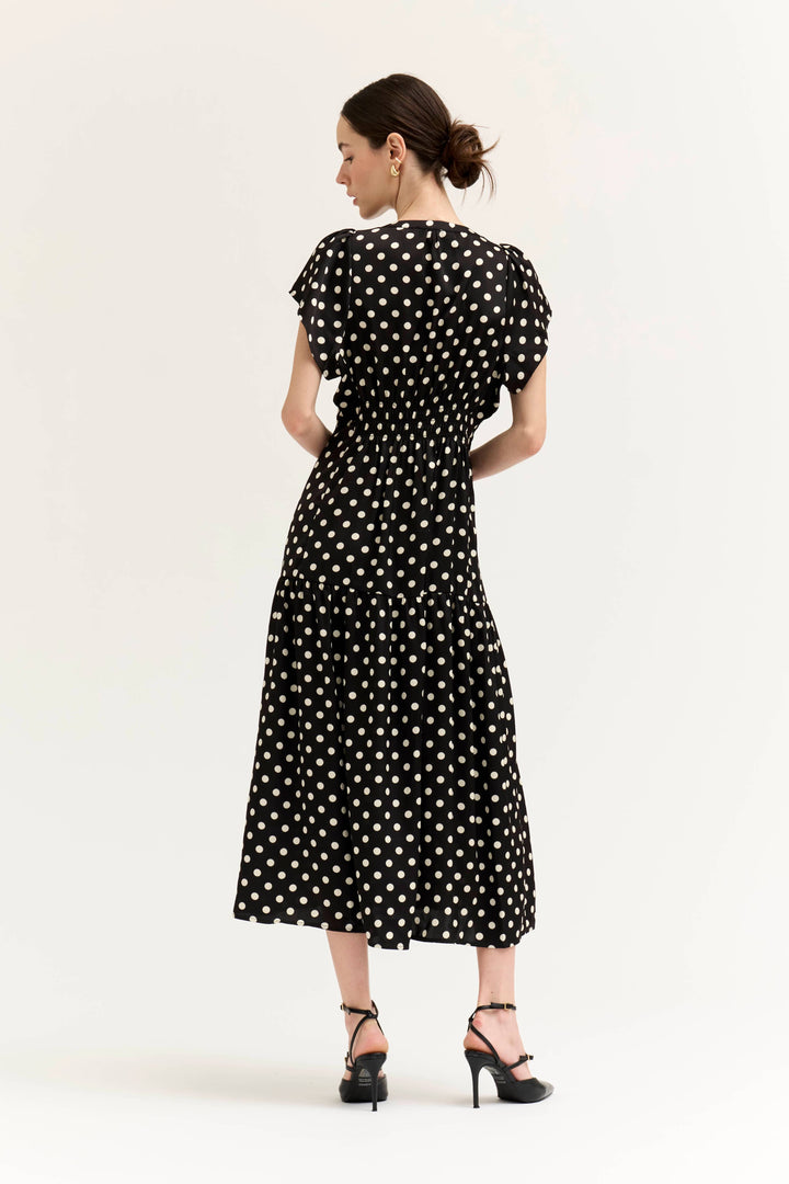Satin Ruffle Midi Dress in Black and White Dots