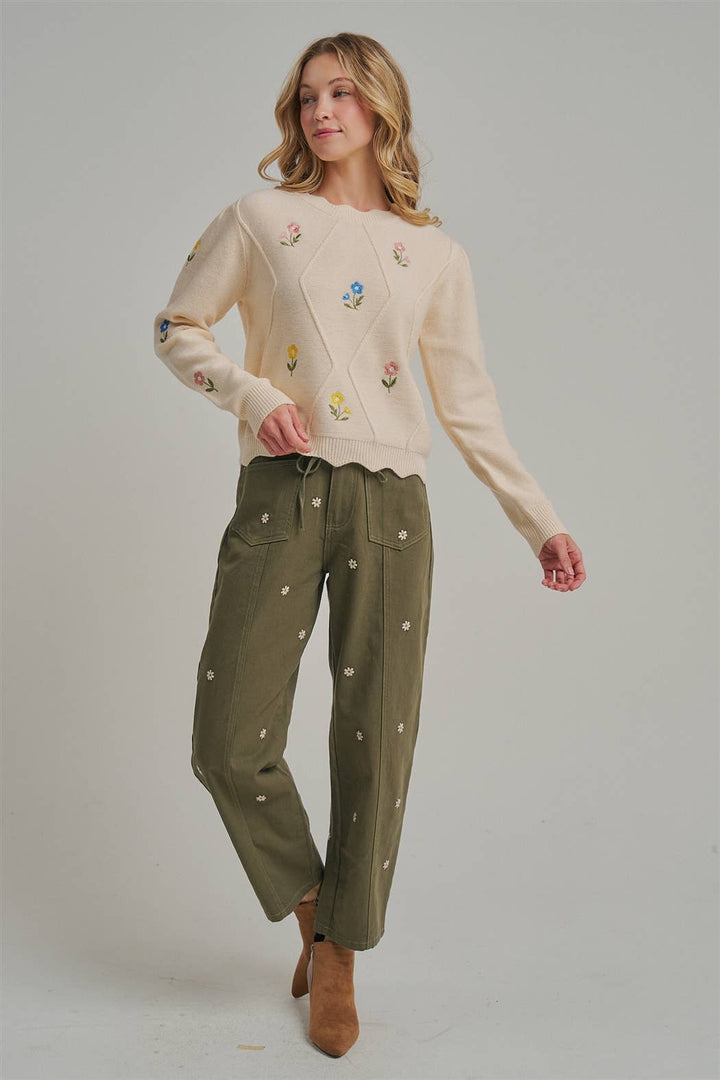 Floral Embroidered Slight Barrel Shaped Relaxed Pants