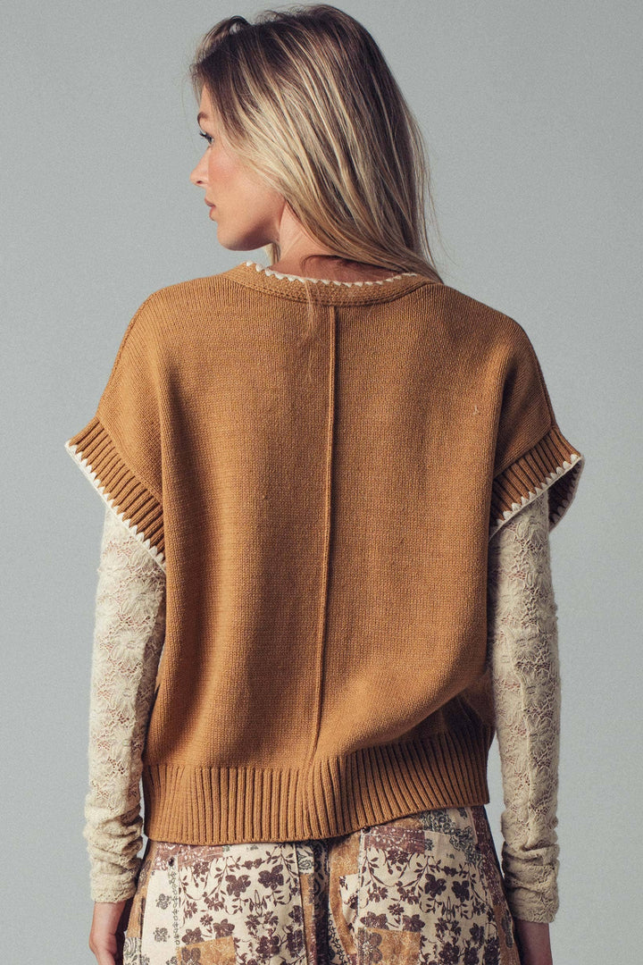 Crochet Trim Tie Front Knit Vest- 2 Colors