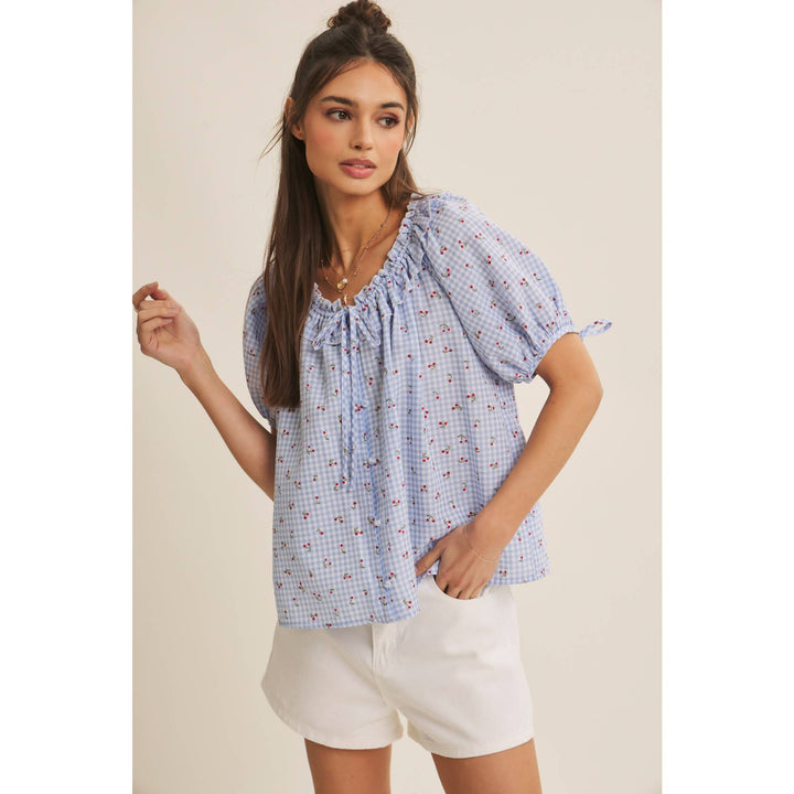 Summer Cherry Gingham Ruffled Blouse