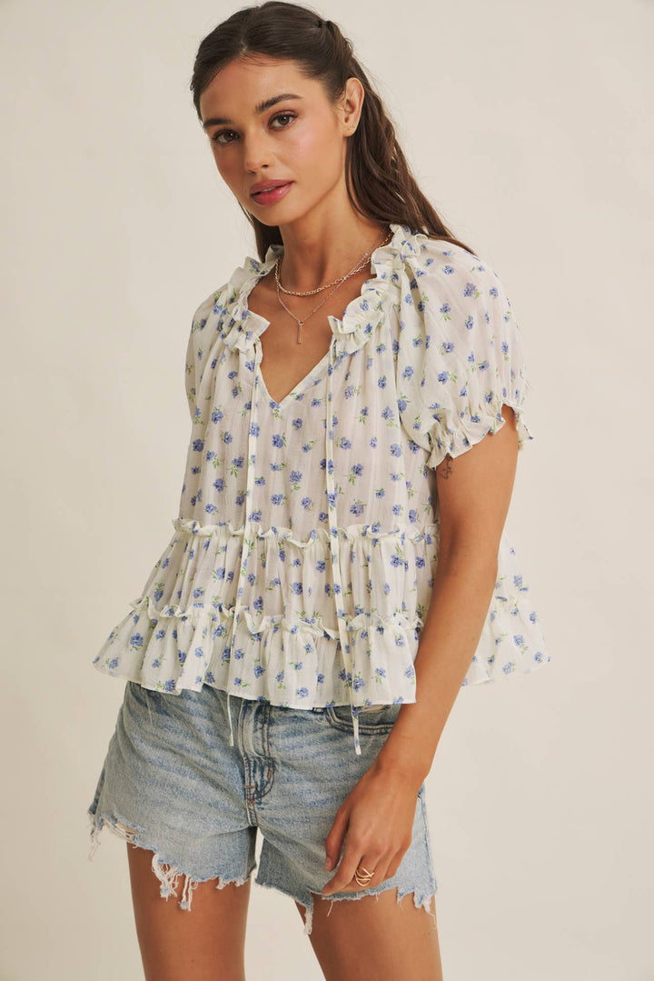 Textured Floral Ruffle Blouse