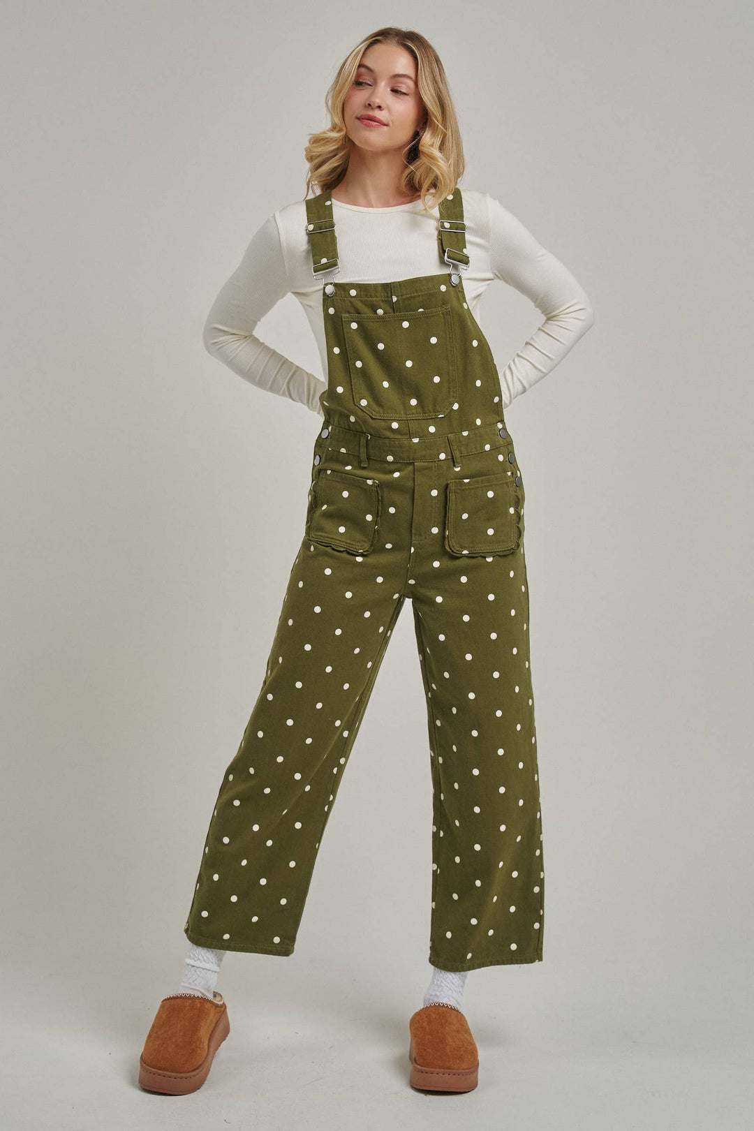 Polka Dot Twill Jumpsuit in Olive